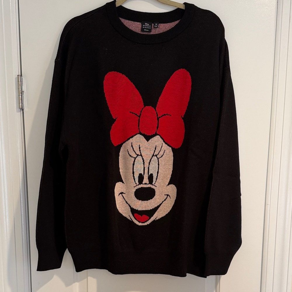 Black Sweater with Large Minnie Mouse Face and Red Bow by FashionNova (NWT)